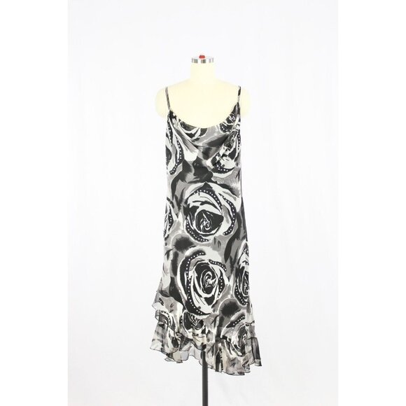 Vintage Dresses & Skirts - Vintage MISS B Y2K Black Rose Floral Sequin Cowl Neck Ruffle Slip Dress, Size L